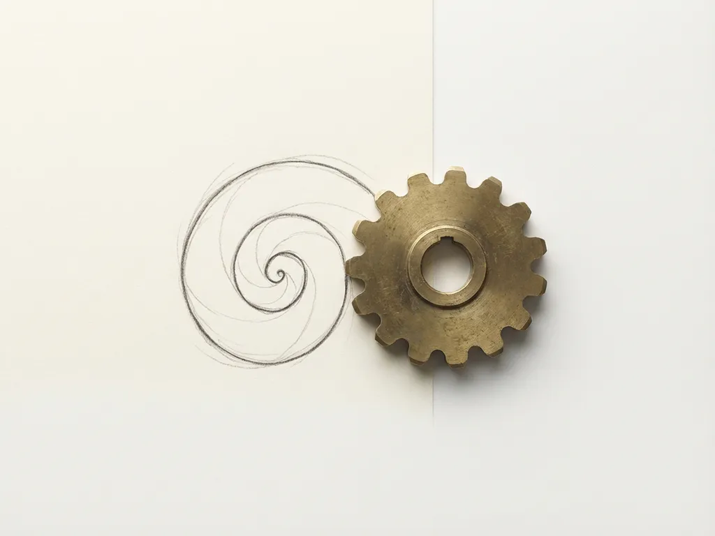 Messing tandwiel verbonden met handgetekende potloodspiraal op witte ondergrond, minimalistische flatlay compositie.