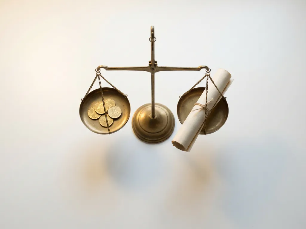 Koperen balansweegschaal met gouden munten en papieren document in evenwicht, minimalistisch bovenaanzicht met zachte schaduw.