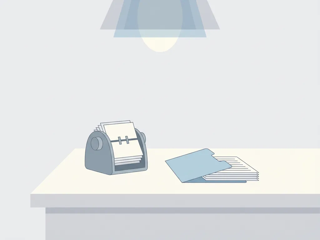 Minimalistische rolodex-kaarthouder en documentenmap op wit bureau, vlakke vectorstijl in zachte grijze en blauwe tinten