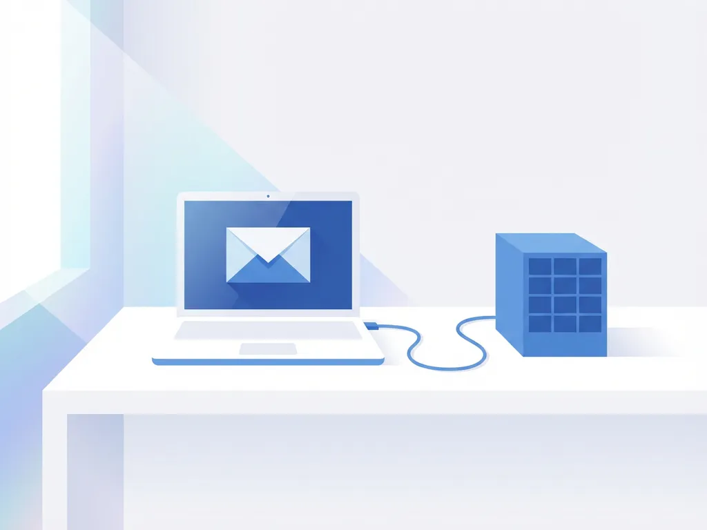 Laptop met envelopsymbool verbonden met database op witte bureau, minimalistische vectorillustratie in blauw-wit kleurenpalet