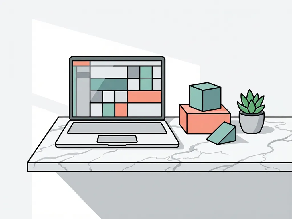 Minimalistische laptop op wit marmeren bureau met geometrische blokken in teal en koraal, vetplant en zachte schaduwen