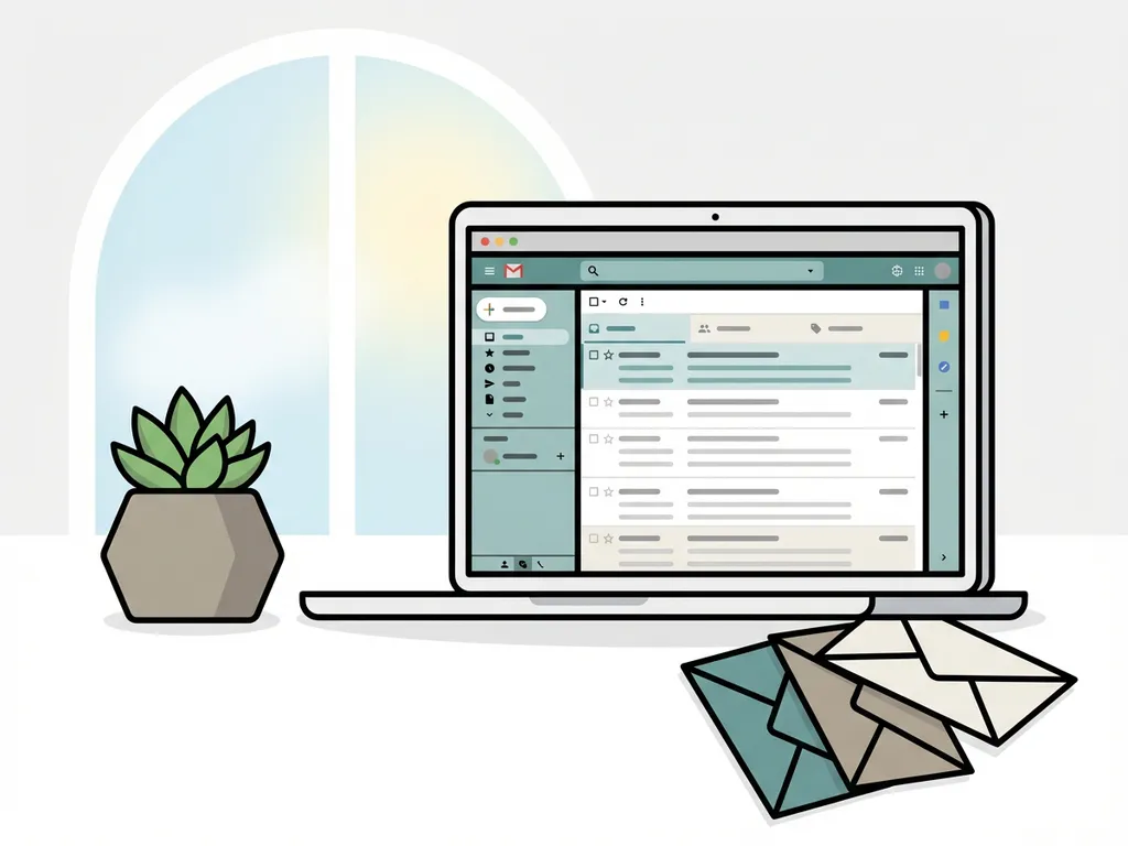 Laptop met georganiseerde inbox op wit bureau, naast vetplant en gestapelde enveloppen, in minimalistische vectorstijl