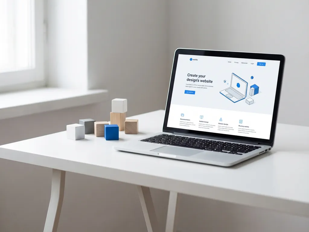 Minimalistische laptop op wit bureau toont website-layout, naast geometrische houten blokken in zacht natuurlijk licht