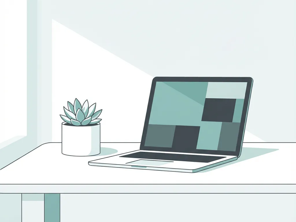 Minimalistische laptop op bureau met geometrische website, potplant ernaast, zachte verlichting, wit en groenblauw kleurenpalet