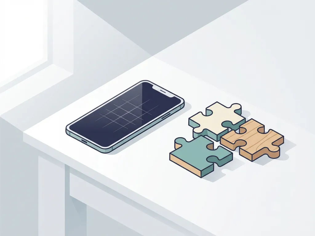 Smartphone met rasterpatroon naast houten puzzelstukjes op wit bureau, minimalistische vectorillustratie in crème en groenblauw