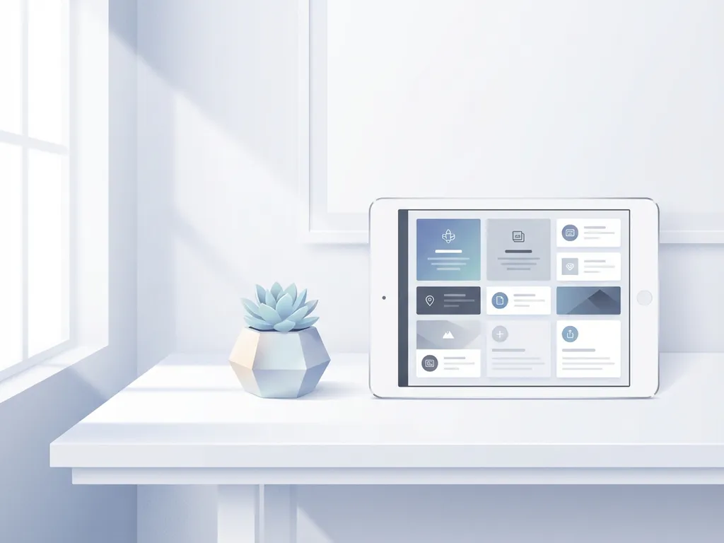 Minimalistische tablet met georganiseerde contentblokken op wit bureau naast vetplant, zachte natuurlijke belichting