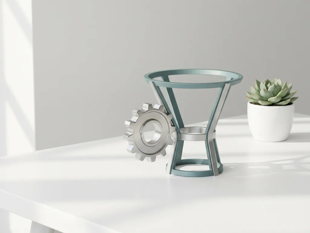 Elegant tandwielmechanisme verbonden met marketingfunnel sculptuur op wit bureau, met vetplant en zachte natuurlijke verlichting