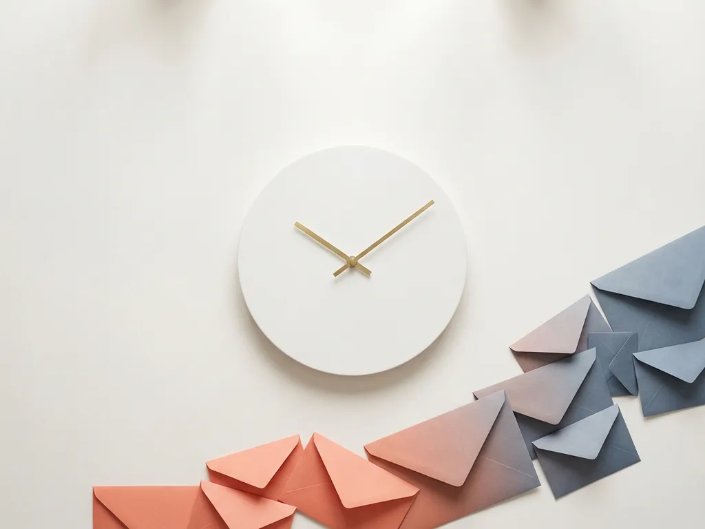 Minimalistische klok met messing wijzers boven geometrische envelopvormen, koraal-naar-leisteenblauw verloop met ruime witruimte.
