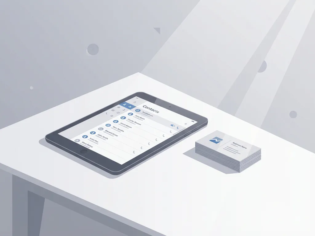 Moderne tablet met contactenlijst op witte bureau naast stapel visitekaartjes, minimalistische vectorillustratie in grijstinten
