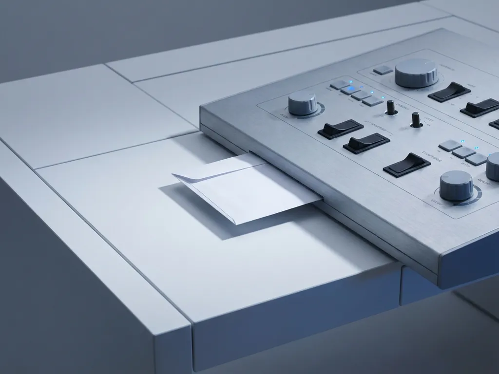 Klein envelop naast groot bedieningspaneel met knoppen op witte bureau, minimalistische compositie met zachte studiobelichting