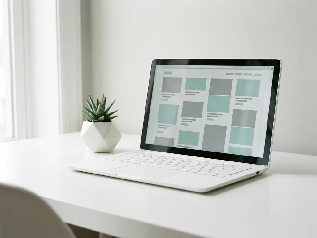 Laptop met georganiseerd raster op wit bureau naast vetplant, minimalistisch ontwerp met zachte teal accenten en natuurlijk licht