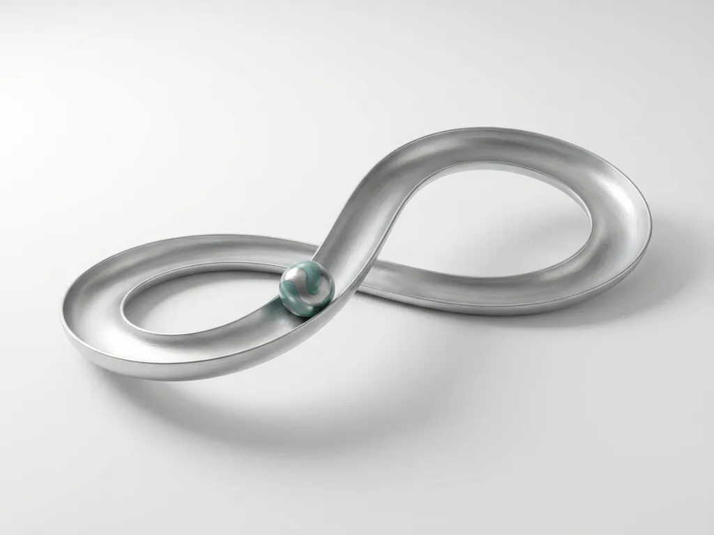 Elegante glazen knikker rolt over zilverkleurige gebogen baan in minimalistische 3D-render met zachte studioverlichting