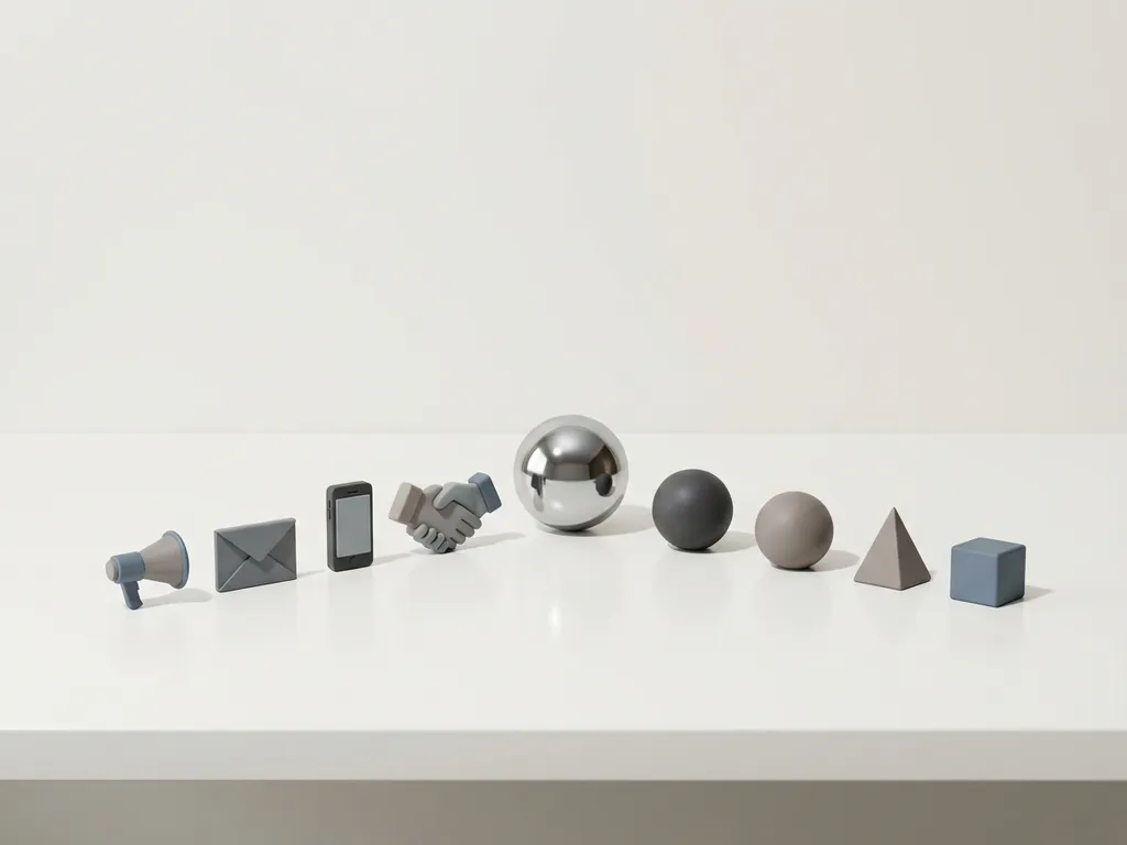 Minimalistische marketingiconen op wit bureau: megafoon, envelop, smartphone en handdruk convergeren naar centrale bol