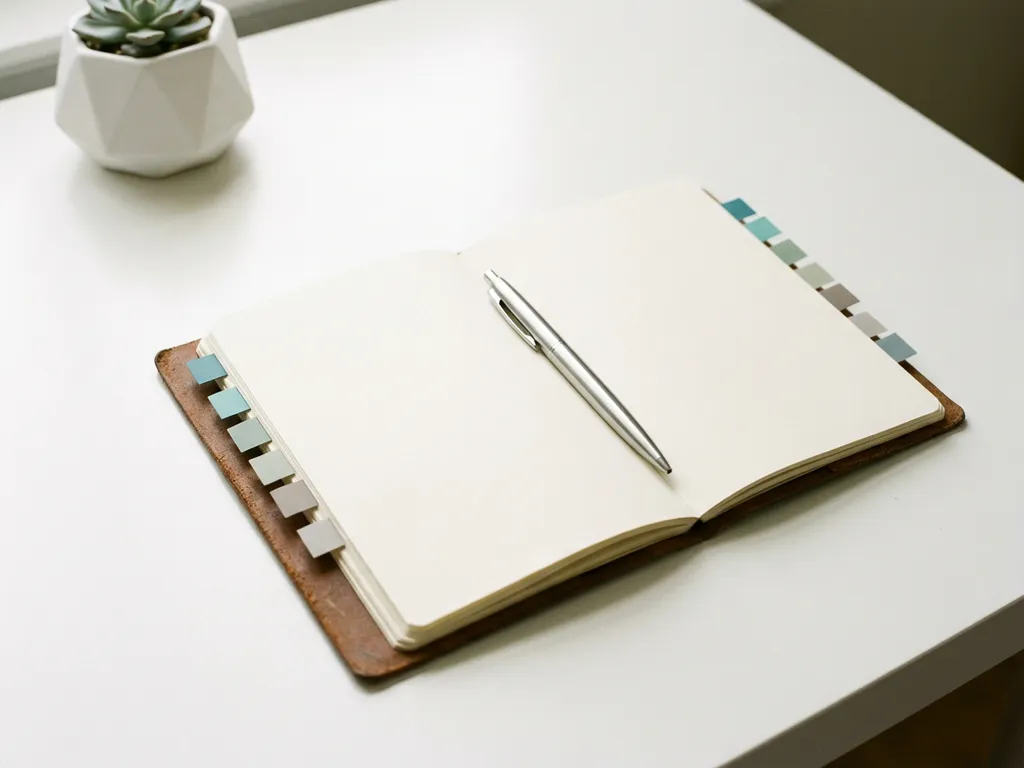Open leren notitieboek met zilveren pen op wit bureau, kleurgecodeerde tabs en minimalistische vetplant in natuurlijk licht