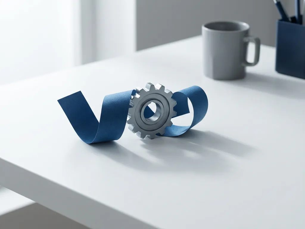 Elegant tandwielmechanisme verbonden met papieren lint op wit bureau, minimalistische compositie met zacht licht en blauw accent