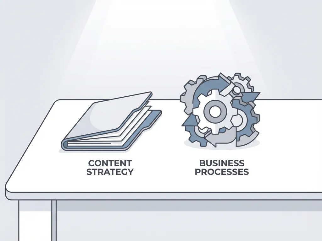 Contentmap en tandwielmechanisme op minimalistische witte bureauondergrond, vectorillustratie van geïntegreerde bedrijfsprocessen