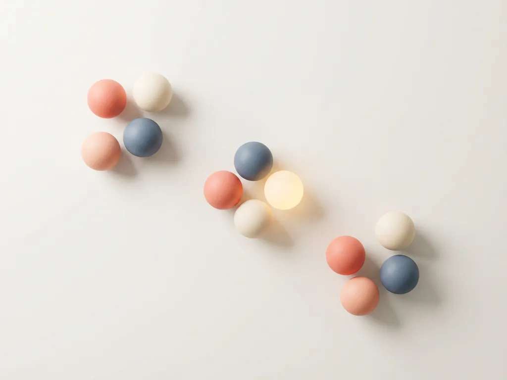 Geometrische bollen in koraal, leisteenblauw en warm wit gegroepeerd op licht oppervlak, één bol gloeit goudkleurig, minimalistische compositie met zachte schaduwen.