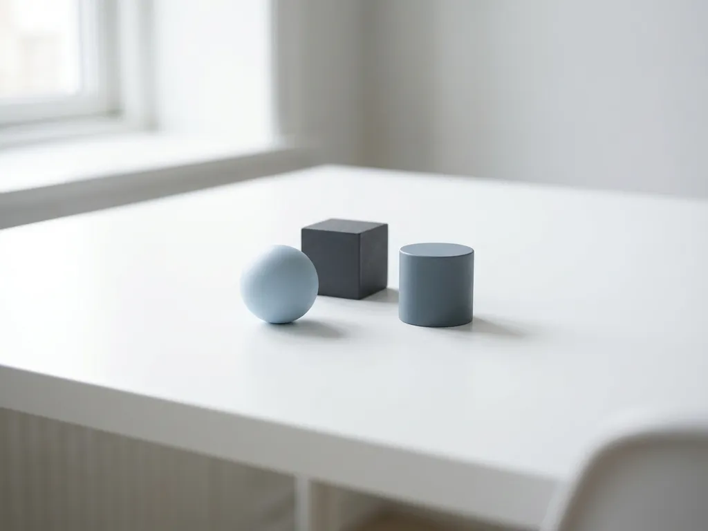 Minimalistische geometrische vormen op wit bureau: bol, kubus en cilinder in zachte blauw- en grijstinten met natuurlijk licht