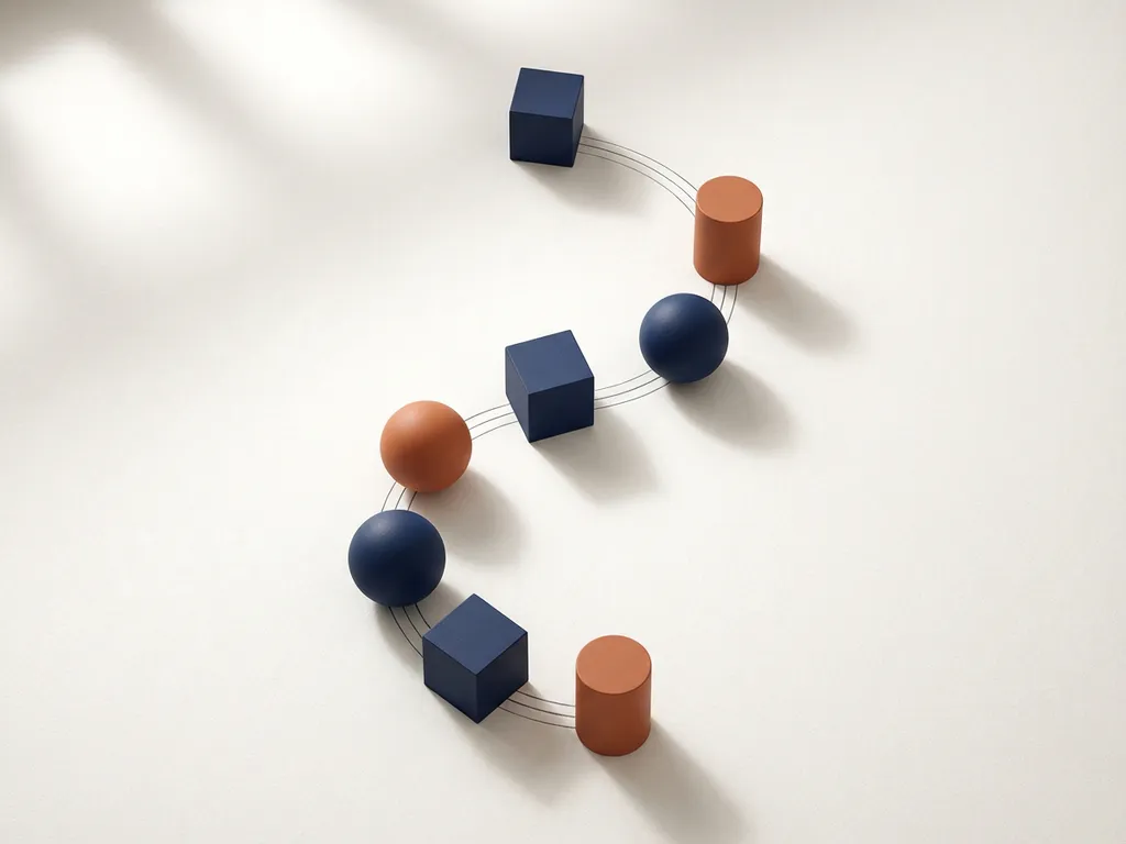 Zeven geometrische vormen in marineblauw en terracotta vormen een opwaartse spiraal op wit oppervlak met elegante verbindingslijnen