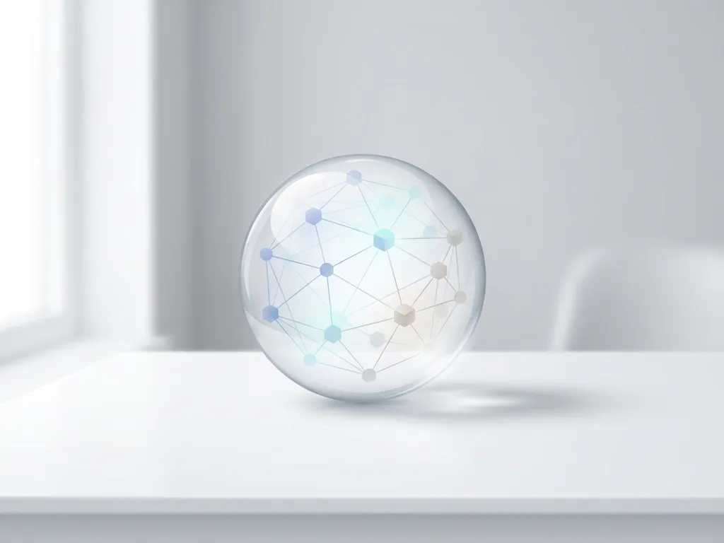 Glazen bol met geometrisch netwerkpatroon op minimalistisch wit bureau, zachte schaduwen in blauw en grijs