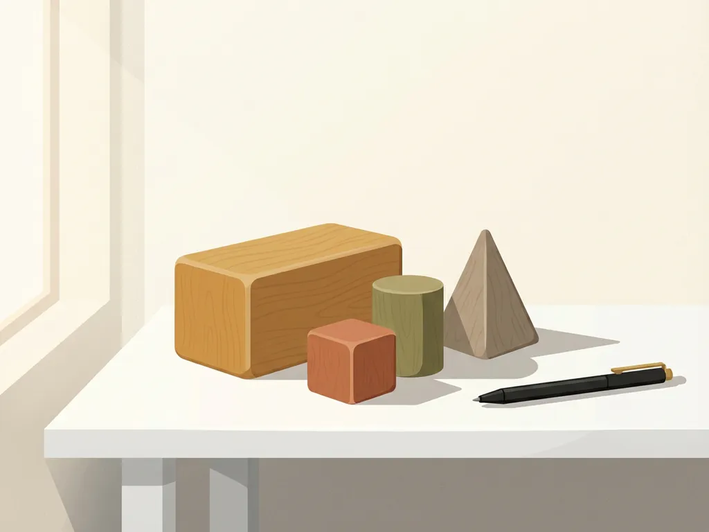 Vier geometrische houten blokken in verschillende vormen op een witte bureau met minimalistische pen, zachte ochtendverlichting