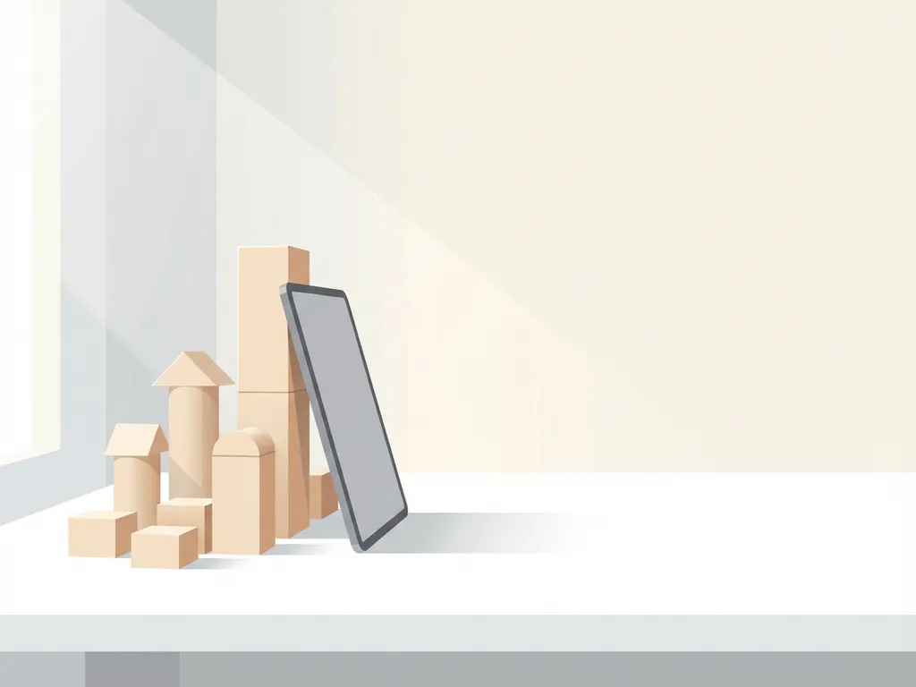 Minimalistische houten bouwblokken als stadsgezicht met tablet op witte bureau, zachte schaduwen, vlakke vectorstijl