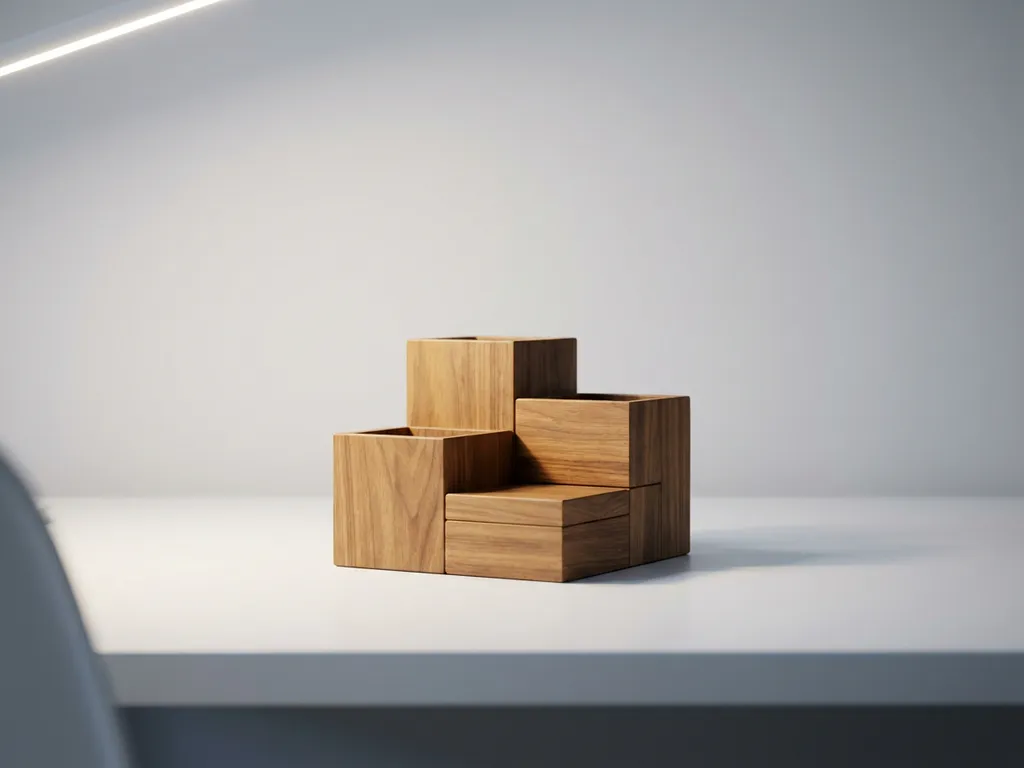 Modulair houten blokkenstructuur op minimalistisch bureau met zachte schaduwen en warm houtnerf tegen neutrale achtergrond