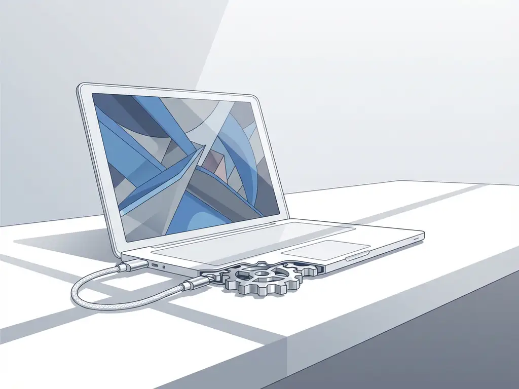 Minimalistische laptop met abstracte vormen op wit bureau, verbonden met metalen tandwiel, in verfijnde vectorkunststijl.