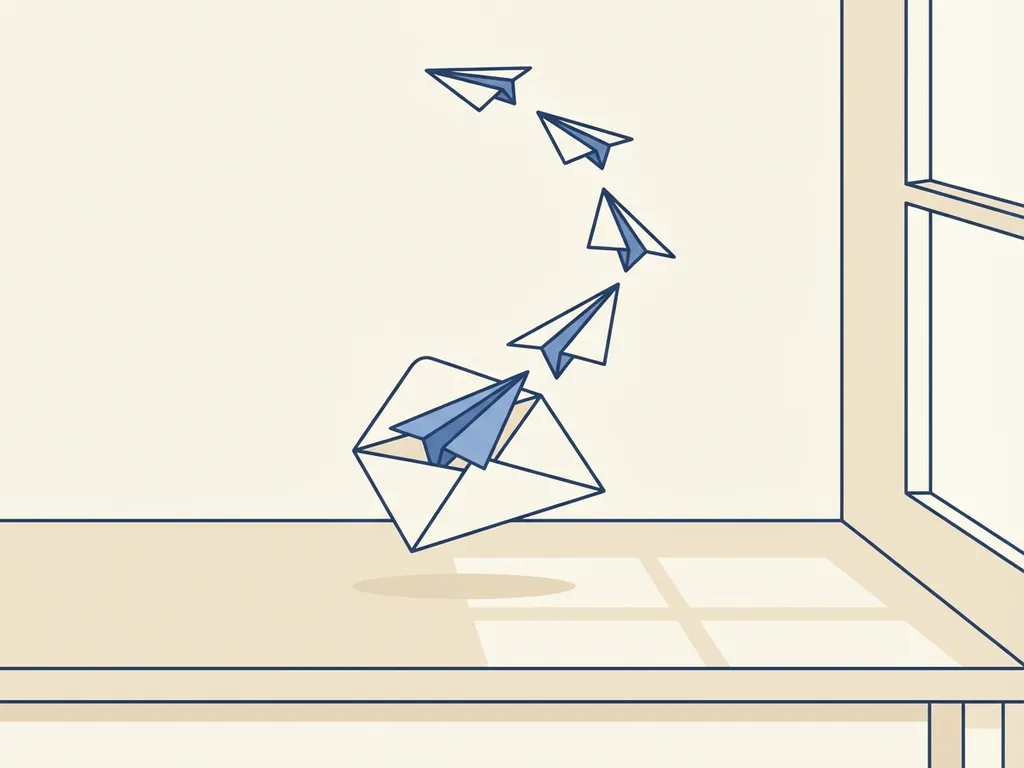 Elegante witte envelop met papieren vliegtuigjes die omhoog zweven in zacht ochtendlicht, minimalistische vectorillustratie