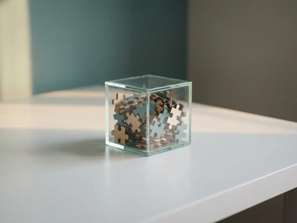 Glazen kubus met miniatuur puzzelstukjes op wit bureau, zachte belichting en minimalistisch design in blauwgrijs tinten