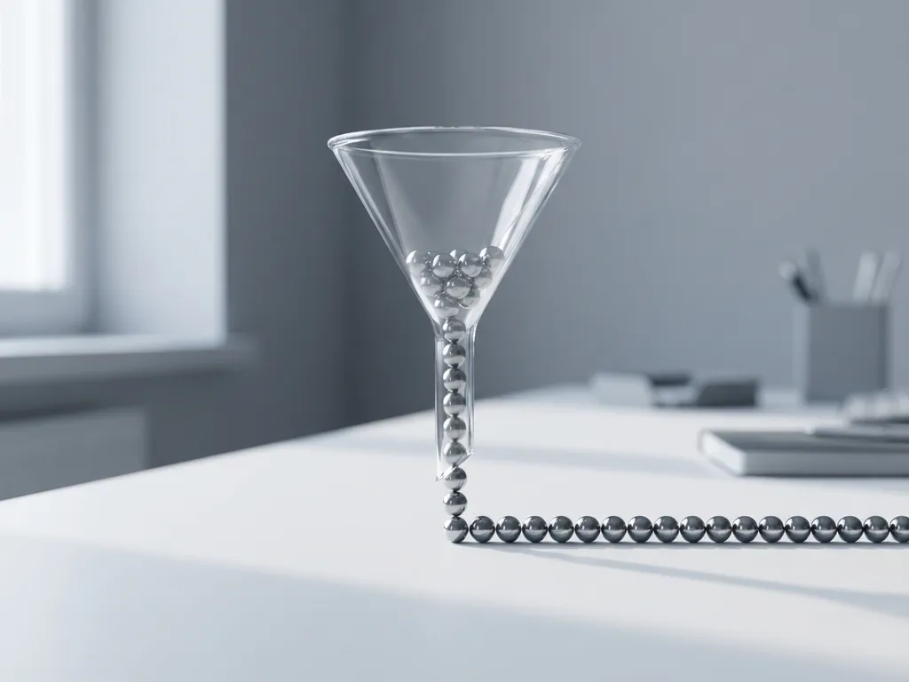 Transparante trechter op wit bureau met metalen bolletjes die in een nette rij stromen, minimalistisch ontwerp met zachte verlichting