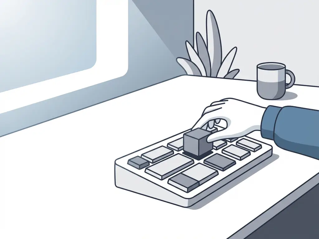 Hand plaatst modulair blok op elegant bedieningspaneel in minimalistische werkruimte met wit-grijs-blauw kleurenpalet