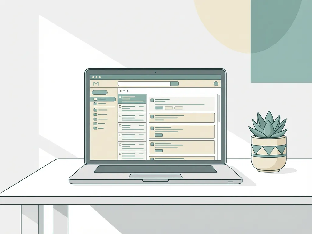 Minimalistische witte bureau met laptop die e-mail inbox toont, vetplantje ernaast, zachte schaduwen in crème en groenblauw