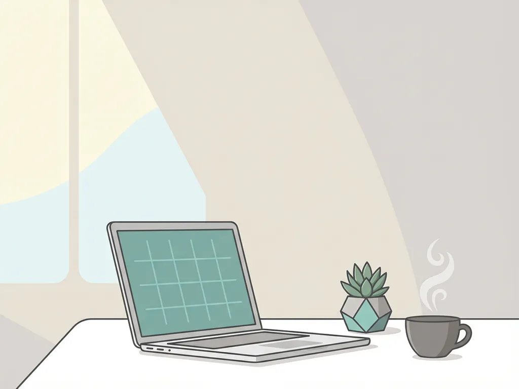 Minimalistische laptop met rasterindeling op wit bureau, naast een vetplant en dampende koffiekop in natuurlijk licht