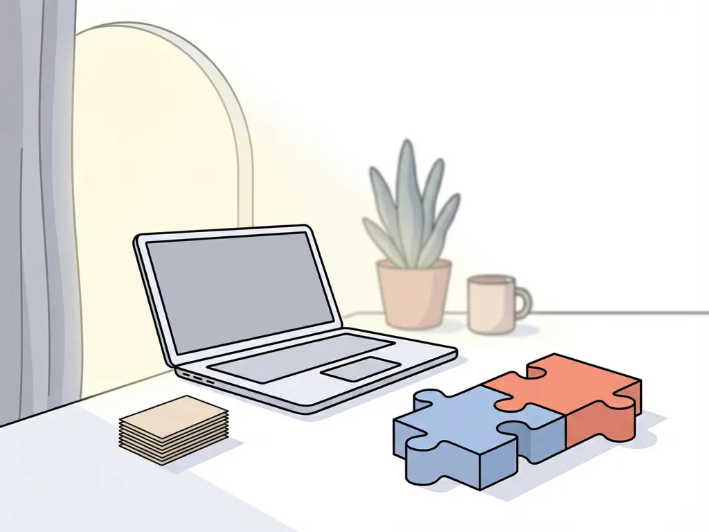 Geometrische puzzelstukjes in blauw en koraal op witte bureau naast laptop en visitekaartjes, minimalistische vectorstijl