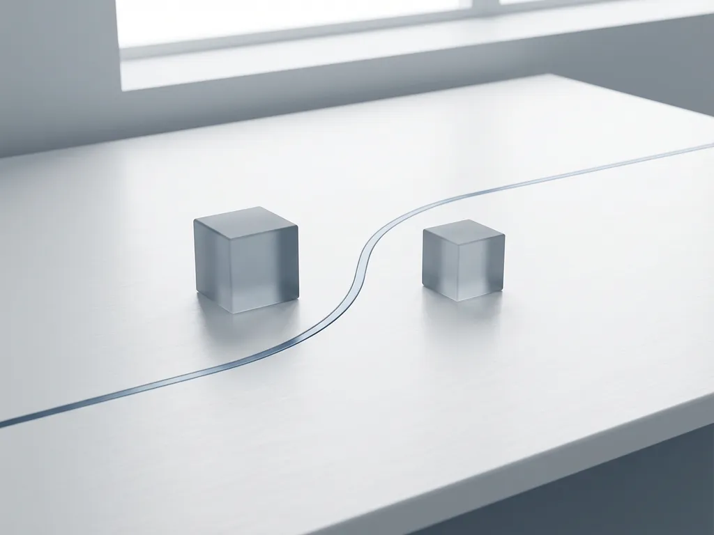 Minimalistisch wit bureau met twee geometrische kubussen verbonden door een vloeiende lijn, zachte natuurlijke verlichting