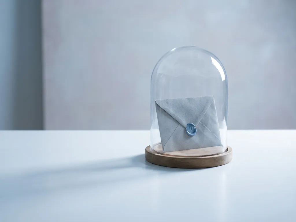 Verzegelde envelop onder glazen stolp op wit bureau, minimalistische compositie met zachte studiobelichting en koele grijstinten