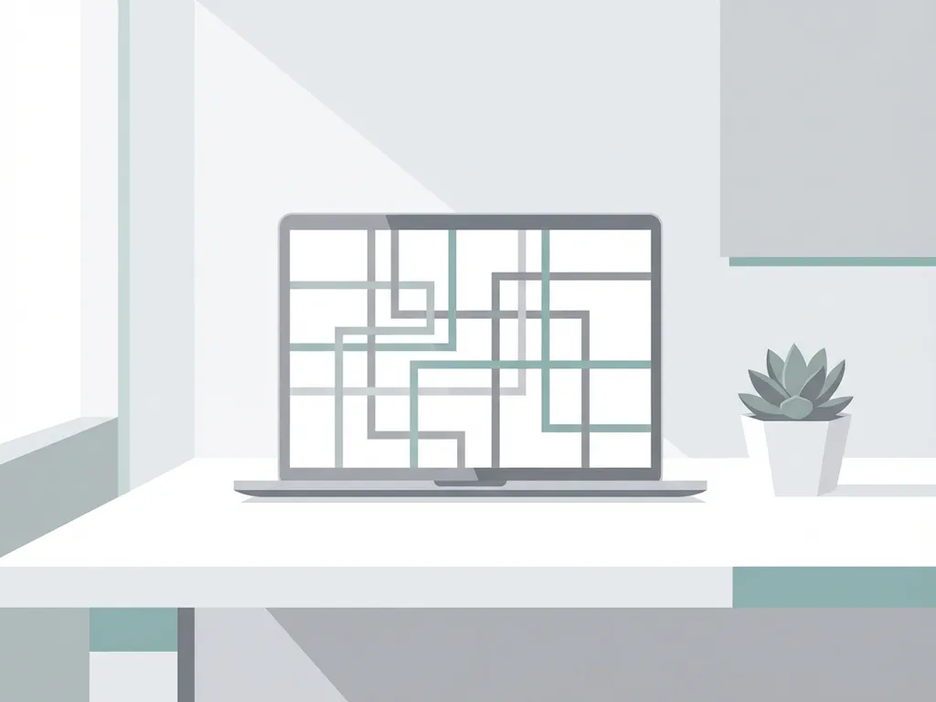 Minimalistische laptop met geometrisch patroon en vetplant op wit bureau, zachte natuurlijke verlichting, vector illustratie