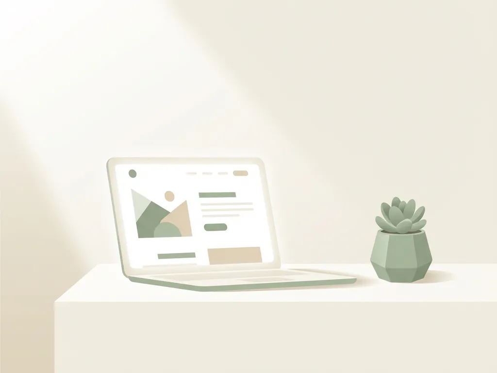 Minimalistische witte laptop op bureau met succulent, zachte schaduwen en saliegroen kleurenpalet in platte vectorstijl
