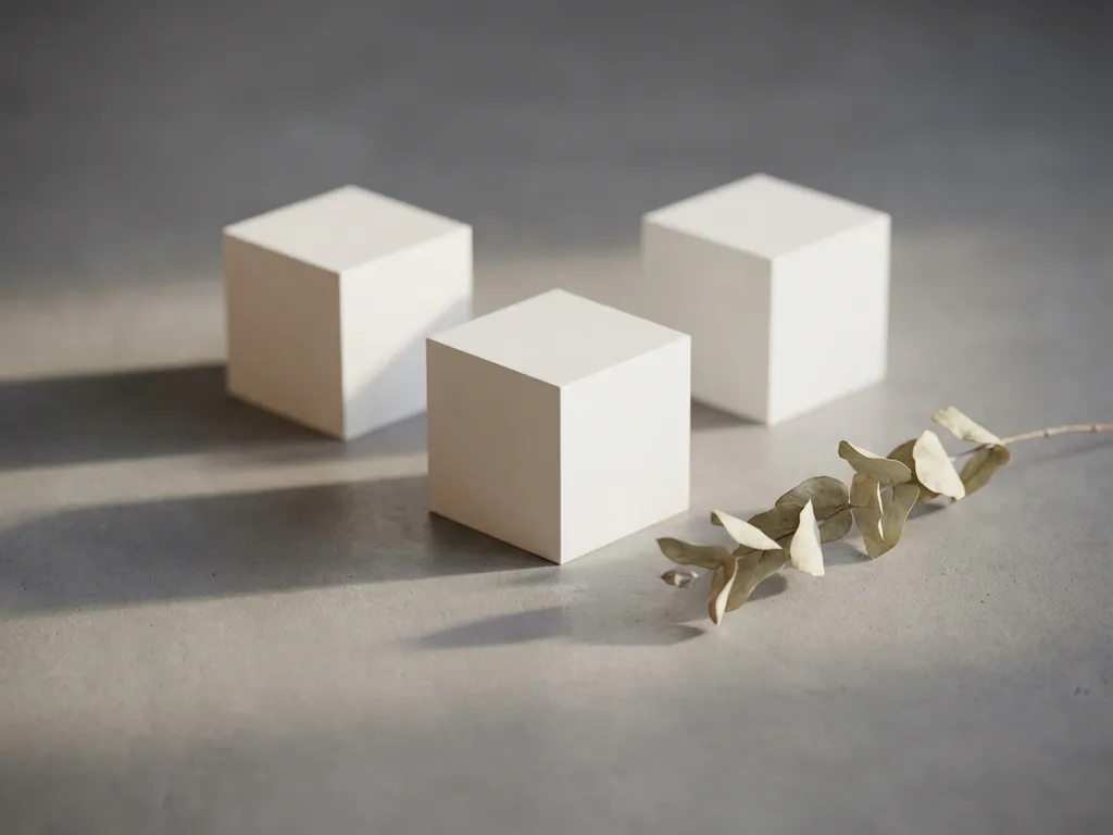 Drie witte minimalistische kubussen in driehoeksformatie op grijs oppervlak met eucalyptustak en zachte schaduwen