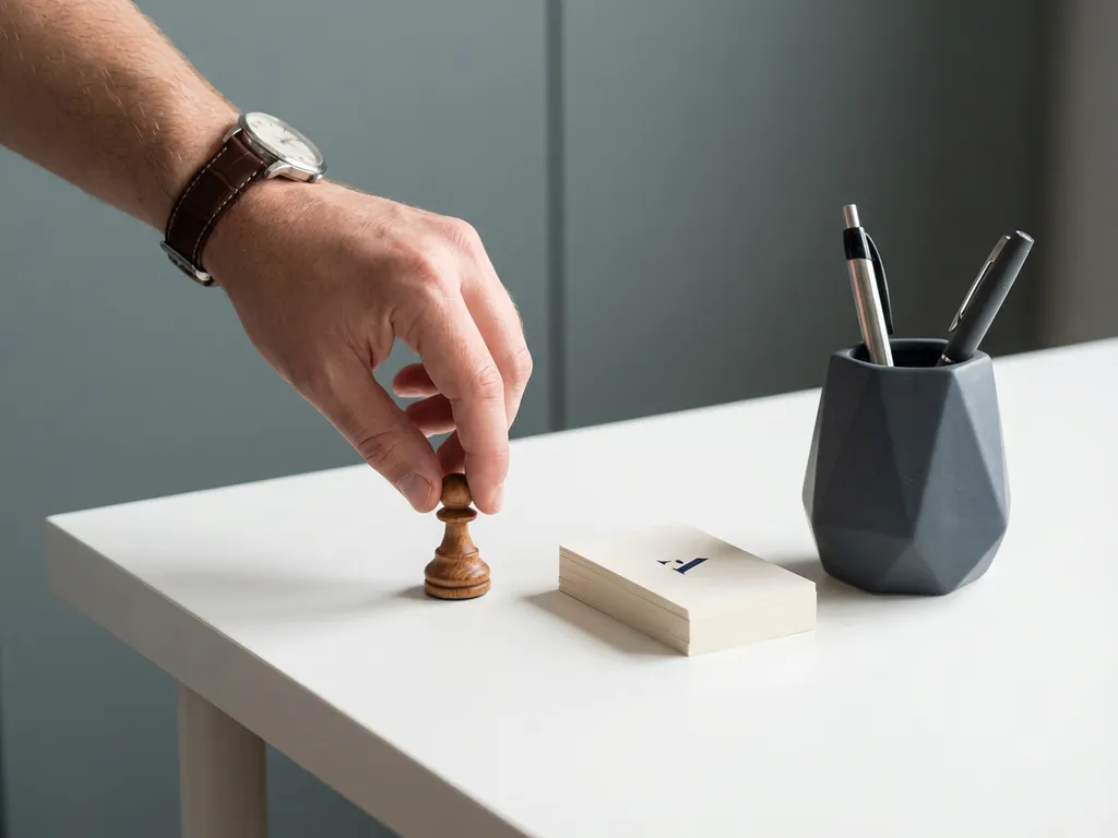 Hand plaatst houten schaakstuk op wit bureau naast minimalistische visitekaartjes en geometrische pennenhouder in zachte natuurlijke verlichting