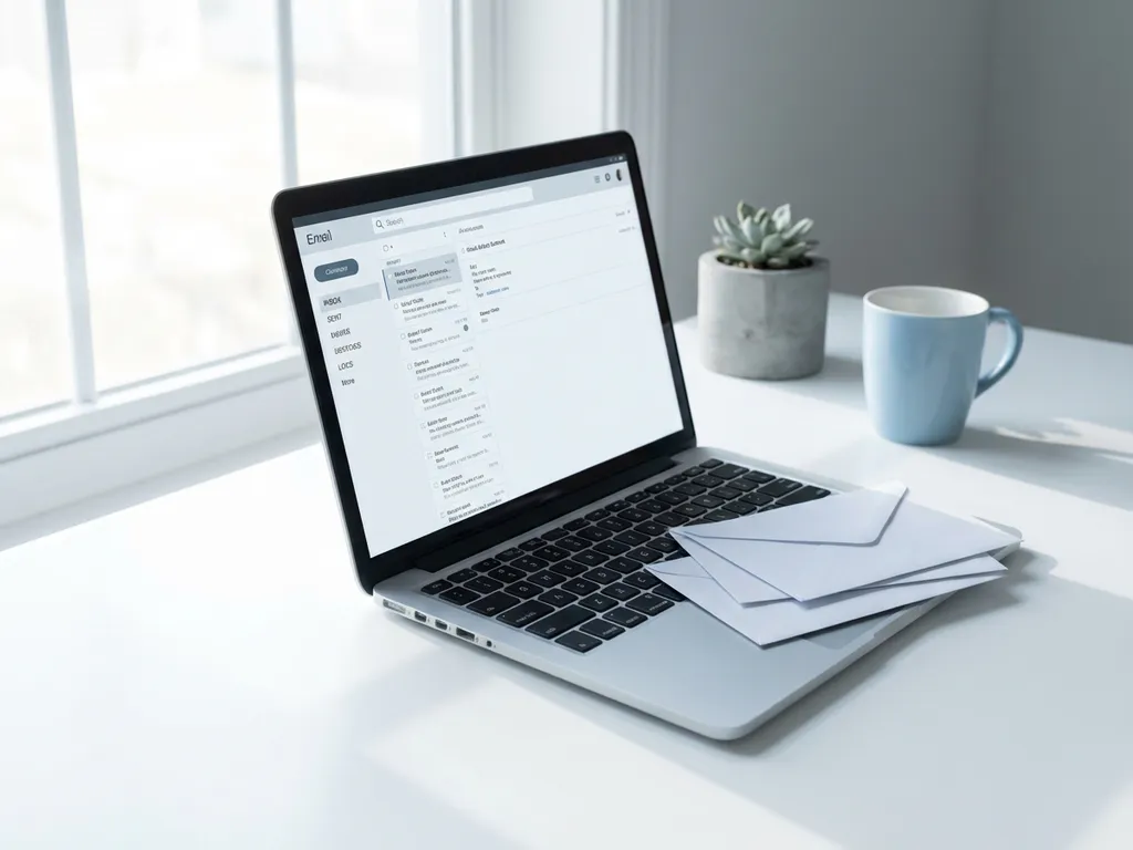 Moderne laptop met e-mail inbox op wit bureau, stapel enveloppen naast toetsenbord, minimalistisch kantoor in koele tinten.