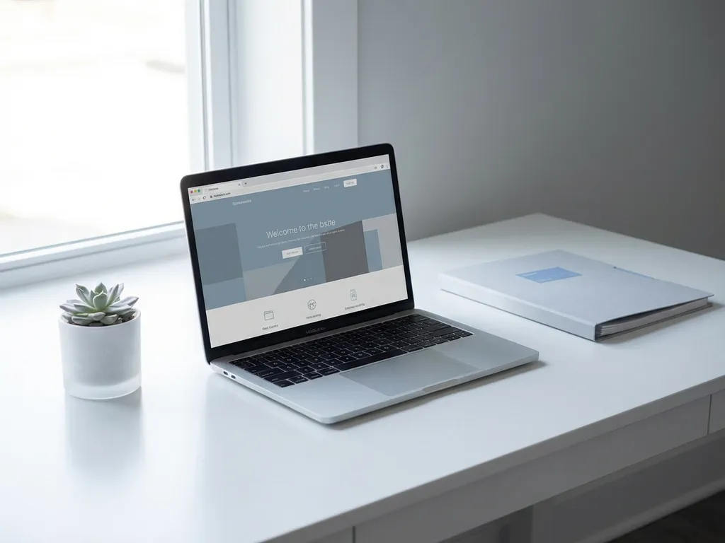 Moderne laptop met website op minimalistische witte bureau naast vetplant en map in zacht daglicht