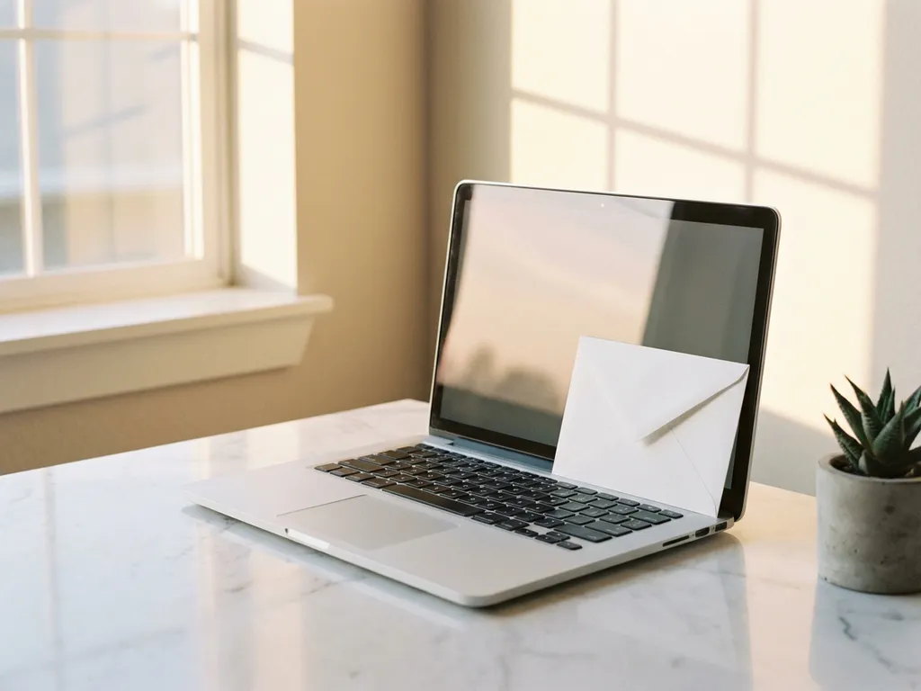 Moderne laptop op wit marmeren bureau met witte envelop tegen toetsenbord en vetplant in warm zonlicht