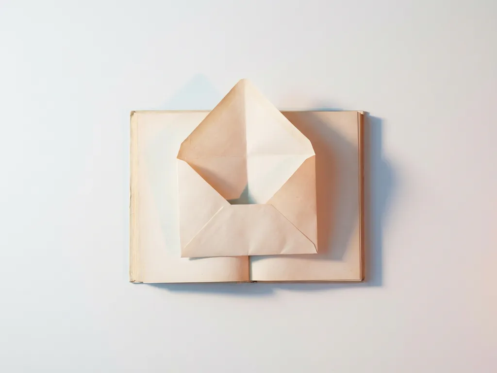 Opengeslagen boek met pagina's gevouwen tot envelopvorm op witte ondergrond, minimalistische compositie met zachte schaduwen