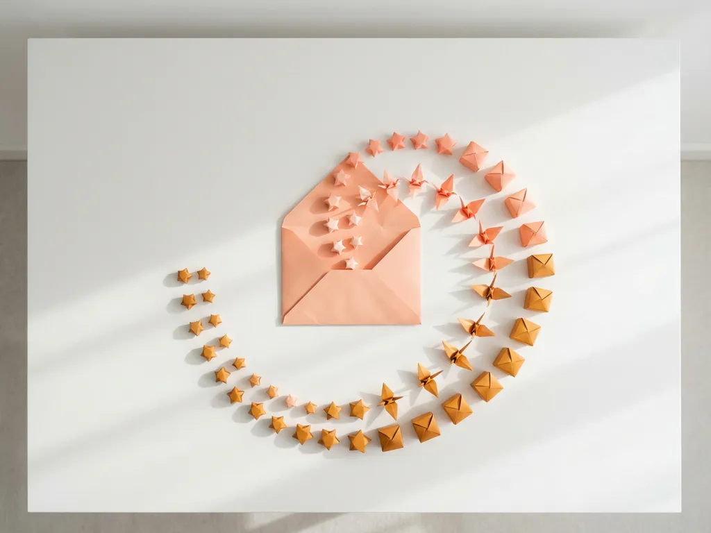 Origami envelop ontvouwt in spiraalvormig patroon van koraal naar amber gekleurde papieren vormen op witte achtergrond.