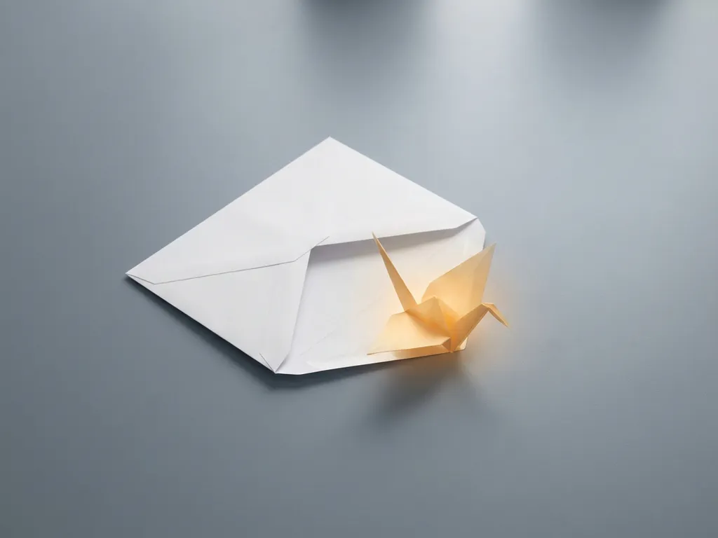 Witte envelop ontvouwt zich met goudkleurige origami kraanvogel, minimalistisch op grijs oppervlak met zachte schaduwen.