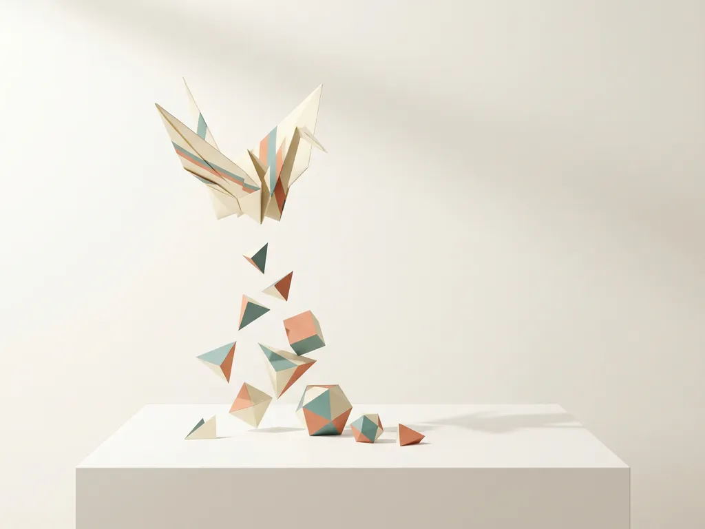 Origami vogel ontvouwt in geometrische vormen, zweeft boven wit oppervlak met zachte schaduwen, teal en koraal accenten op crème achtergrond.