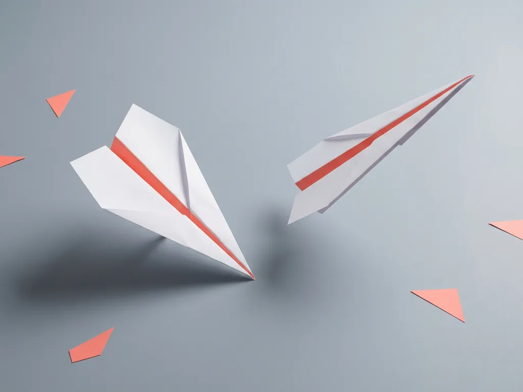 Twee papieren vliegtuigjes op grijs oppervlak: één in duikvlucht met dramatische schaduw, één opwaarts gericht, minimalistische compositie.