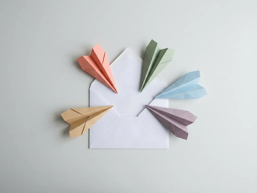 Witte envelop ontvouwt met vijf gekleurde papieren vliegtuigjes in koraal, salie, zand, blauw en lavendel op lichtgrijze ondergrond